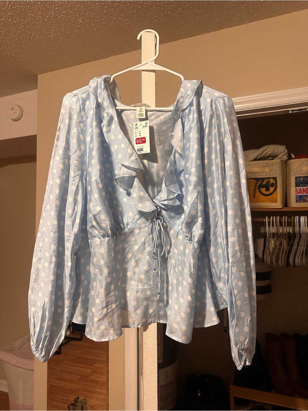 H&M Light Blue Polka Dot Ruffle Tie-Front Blouse